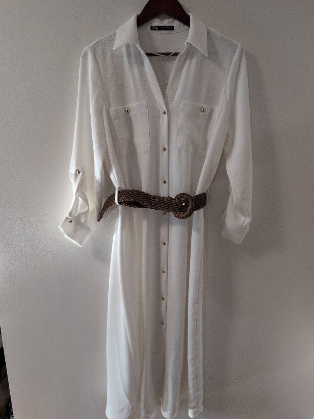 Zara Long Sleeved Belted White Maxi Dress with Gold Buttons Size M